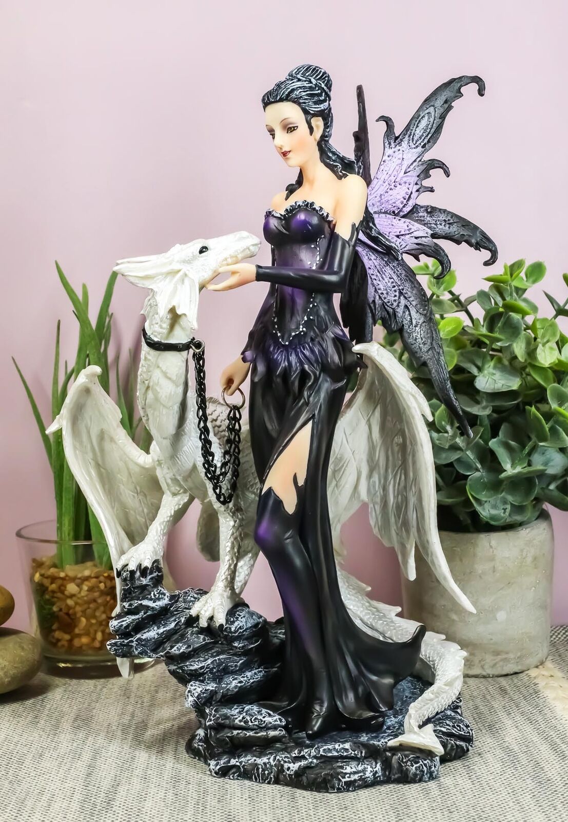 Ebros Gothic Fairy with Arctic White Dragon Statue 9.5\