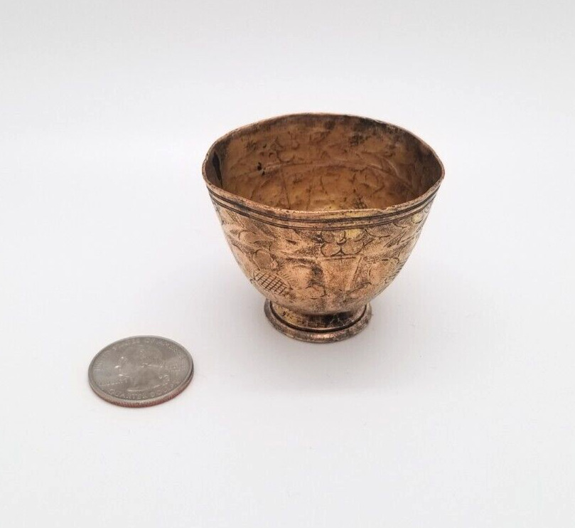 Vintage Brass Turkish Turkey Etched Floral Small Cup Bowl Ink Well Unknown Use