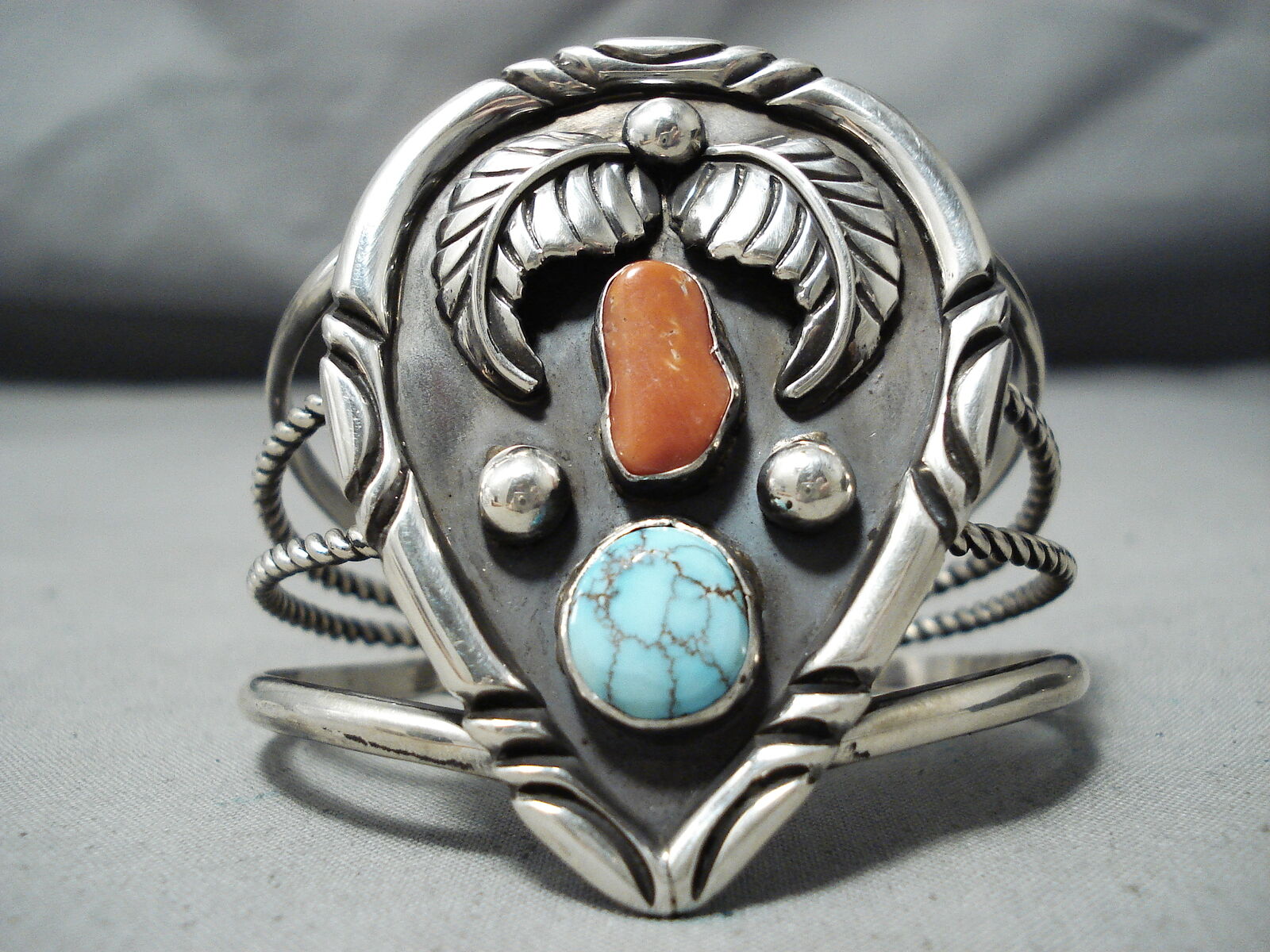 FABULOUS NAVAJO SPIDERWEB TURQUOISE & CORAL STERLING SILVER BRACELET