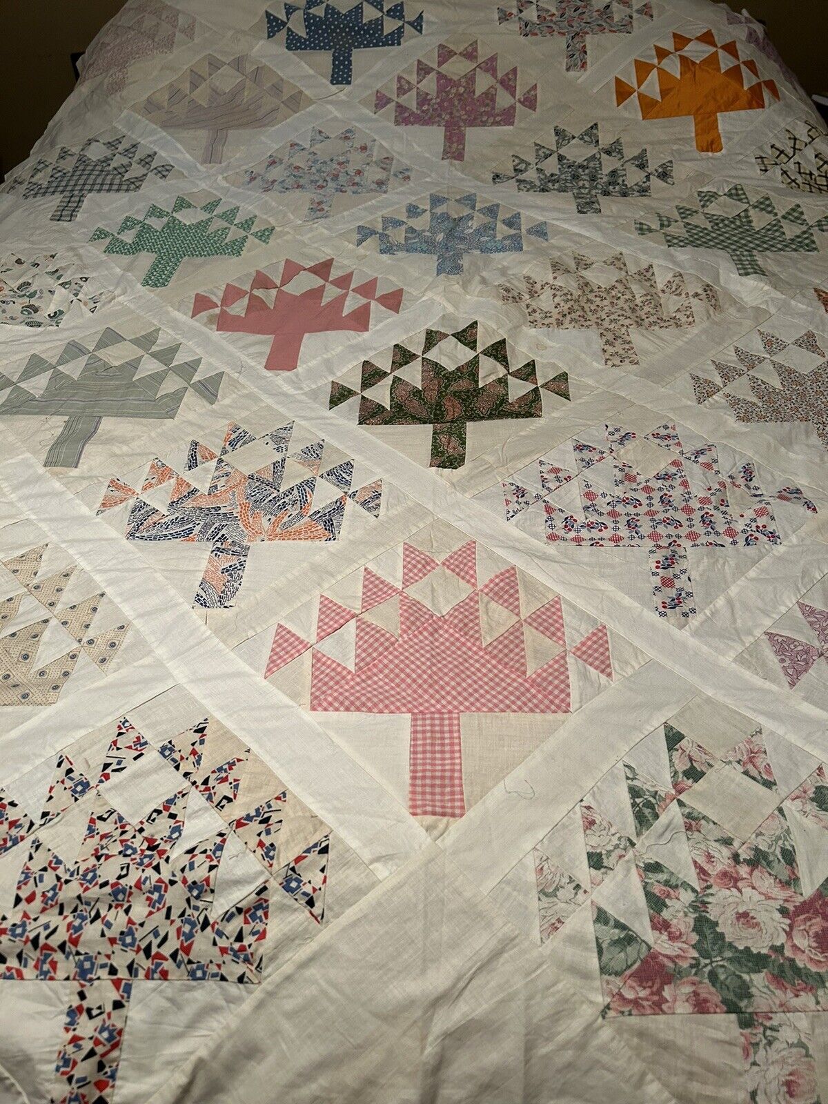 Vintage 1940’s Feed Sack Quilt TOP Tree Of Life Cotton 1950’s