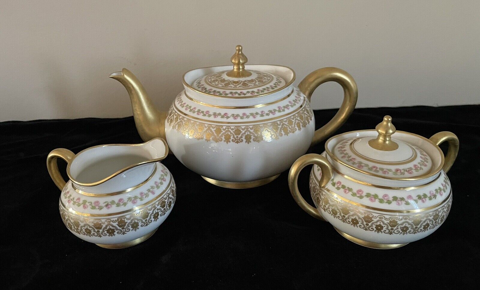 Antique J. Pouyat Limoges China hand decorated gold trimmed 3 piece tea set