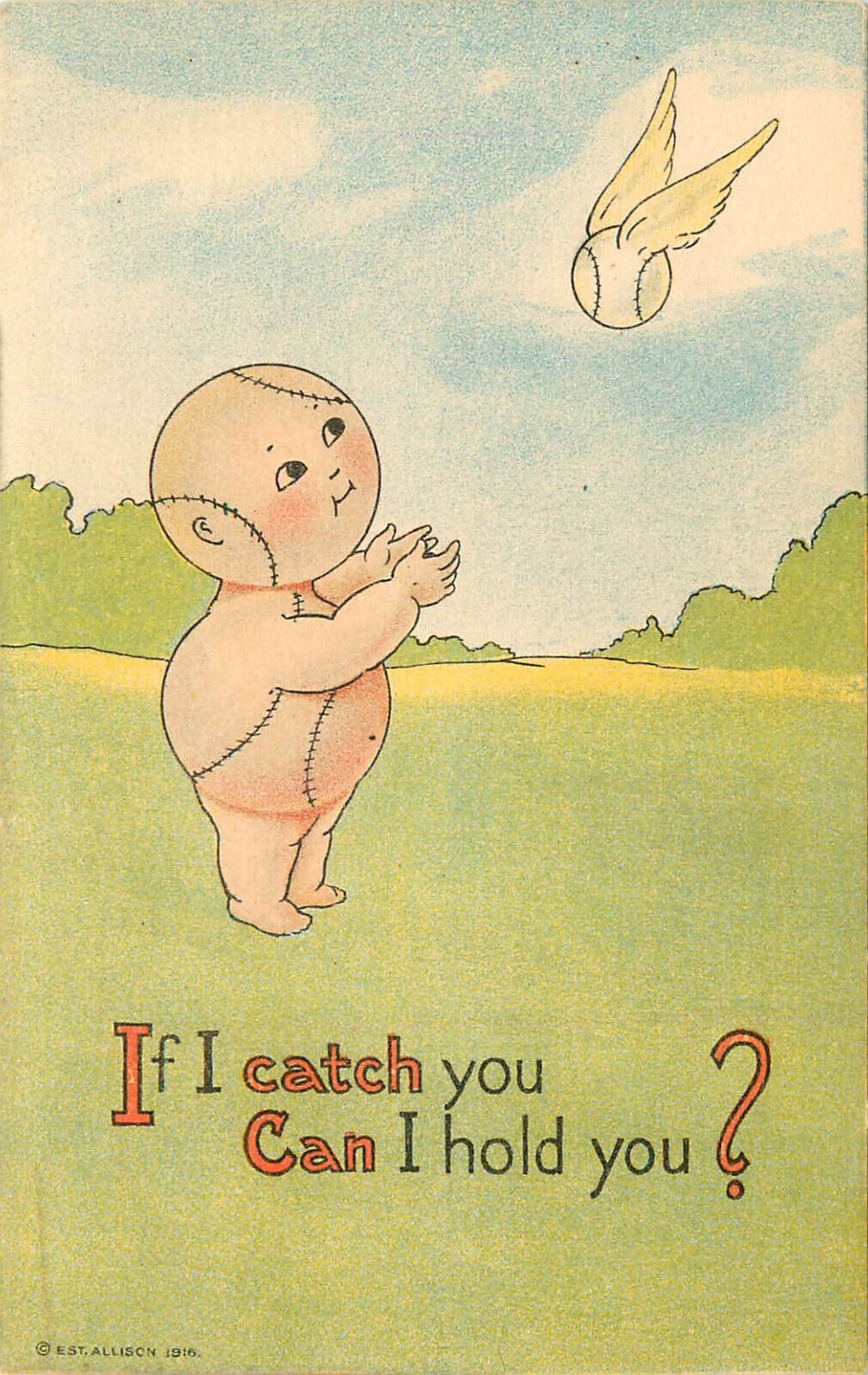 Postcard Fan-ie Series 100 Baseball Child Catches Winged Baseball, Allison
