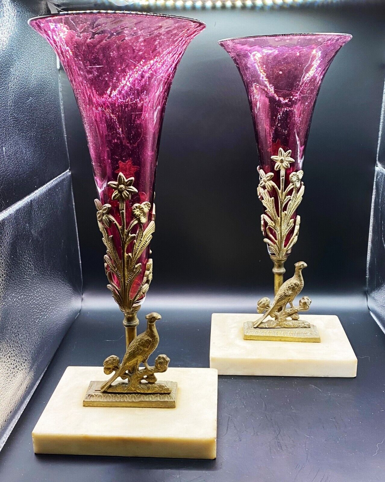 AMAZING Victorian Cranberry Swirl Trumpet Vases Metal Ornate Holders Marble Base