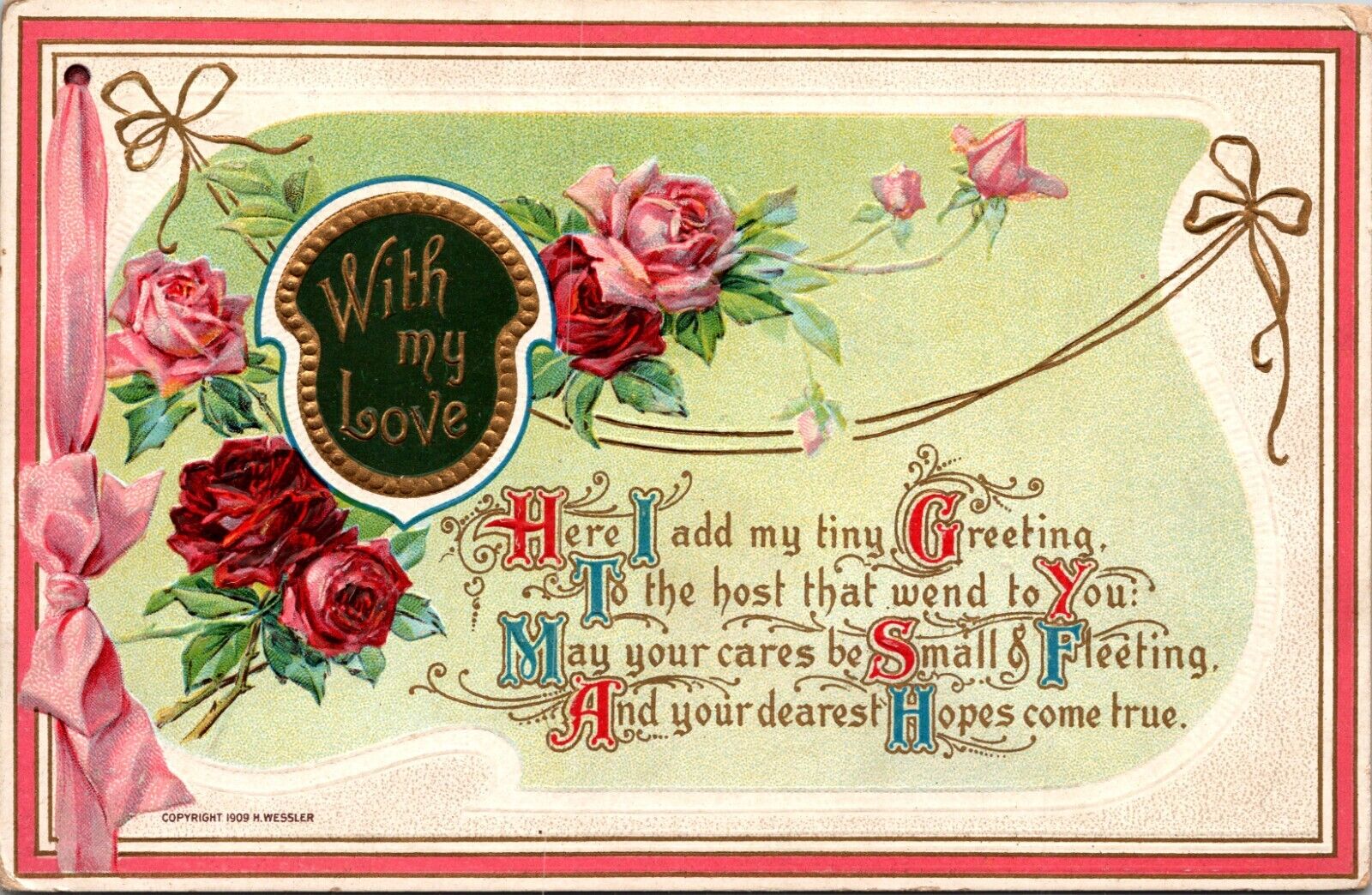Postcard With My Love Birthday c1909 Embossed Pmrk 1909 Mount Gilead Ohio