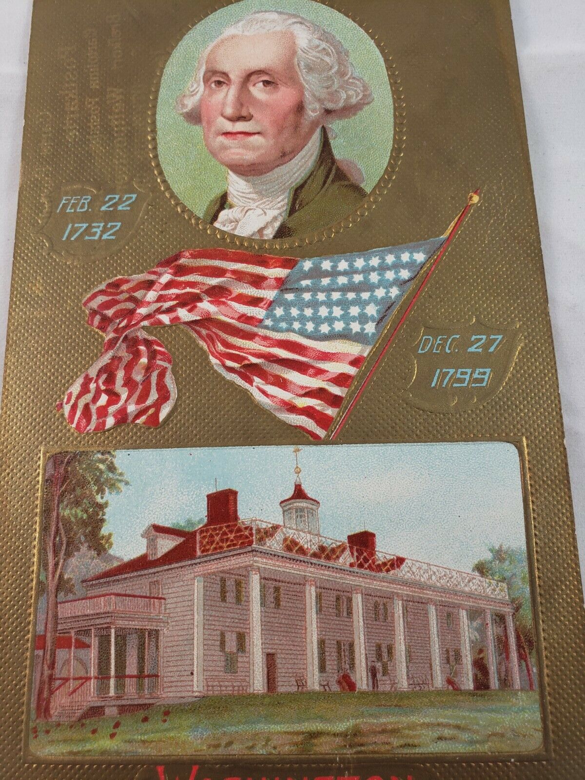 C 1910 Washington Portrait Mt Vernon Born Died Dates Flag Gold Embossed Postcard
