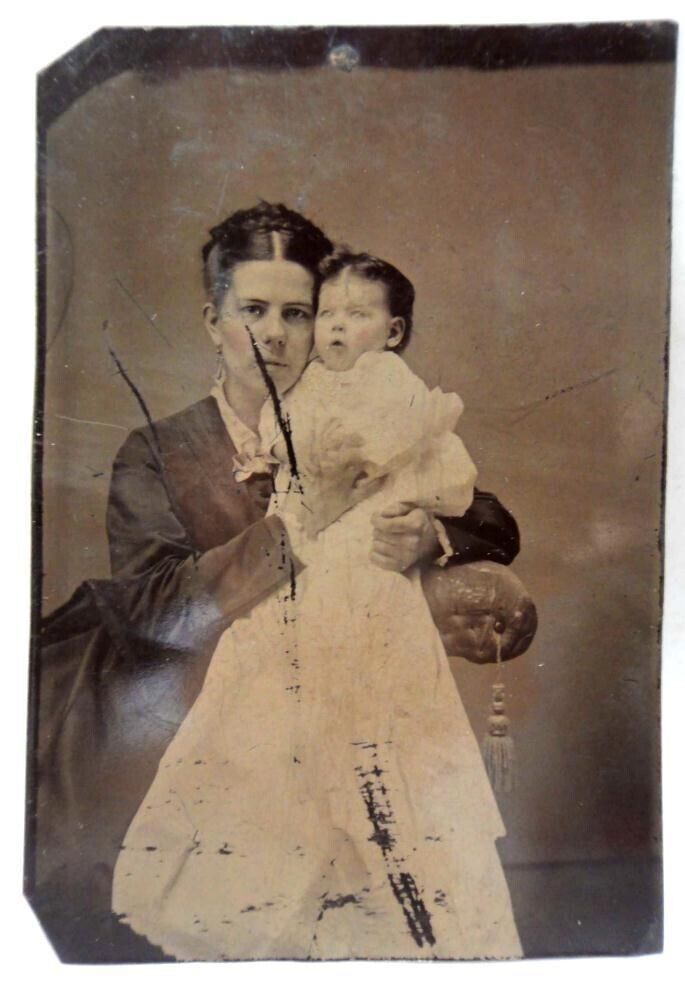 1874 antique MOTHER & BABY ELLEN TINTYPE PHOTOGRAPH christening gown VICTORIAN