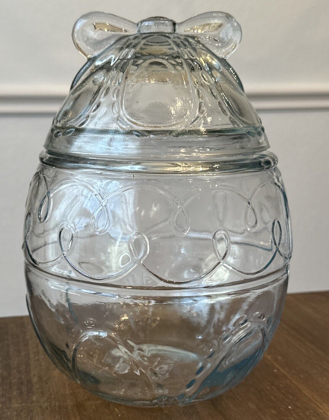 Vintage Anchor Hocking Glass Large Easter Egg Canister Jar Bow on Top