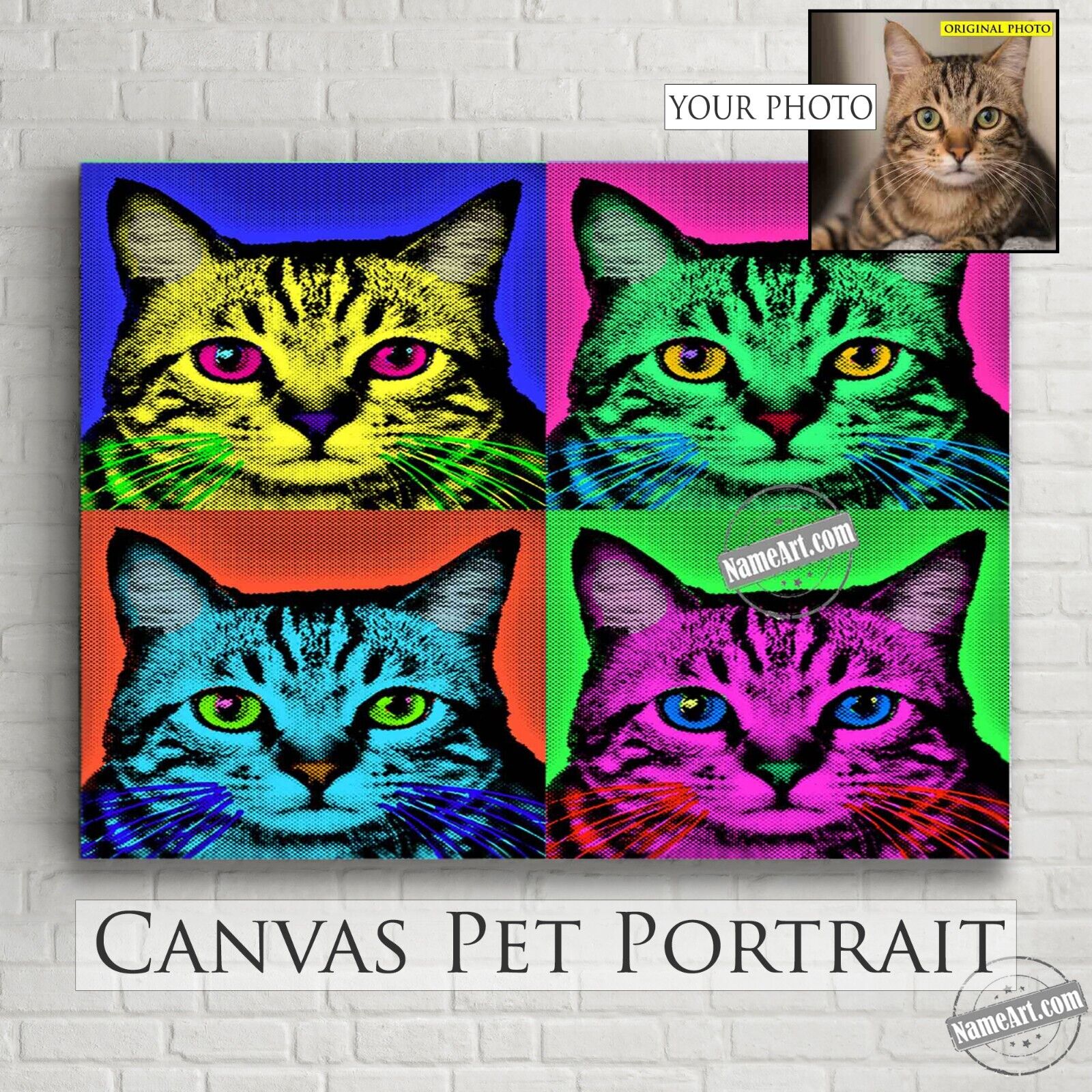 Pet Gifts. Custom Cat Portraits. Personalized Canvas Print Warhol Style Pop Art.