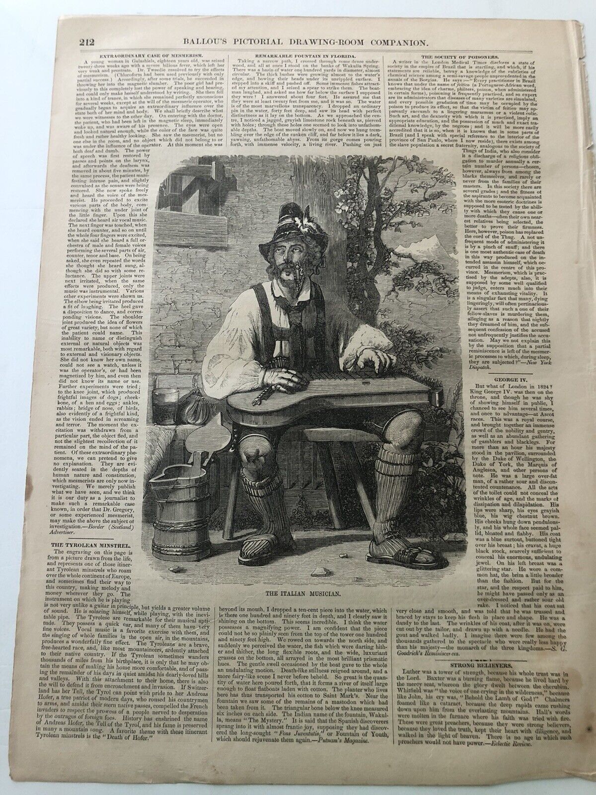 1857 Ballou’s Antique Print Tyrolean Minstrel - The Italian Musician #7221