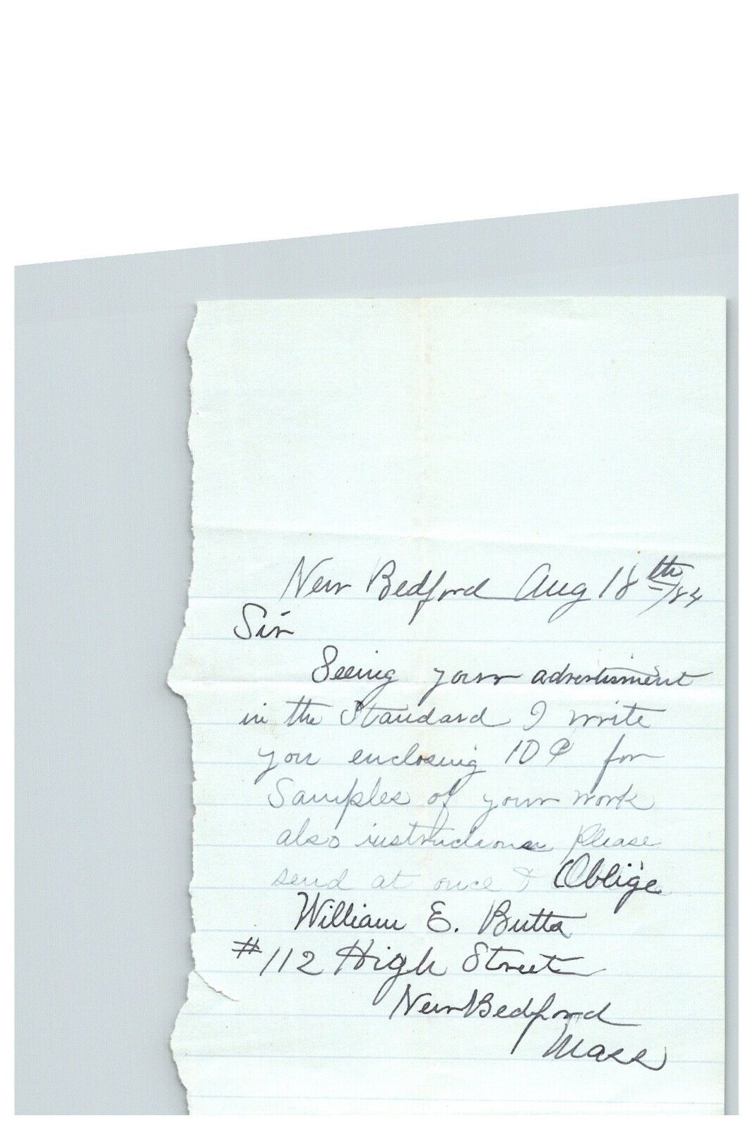 1884 Handwritten Letter William E Butter History New Bedford MA Massachusetts