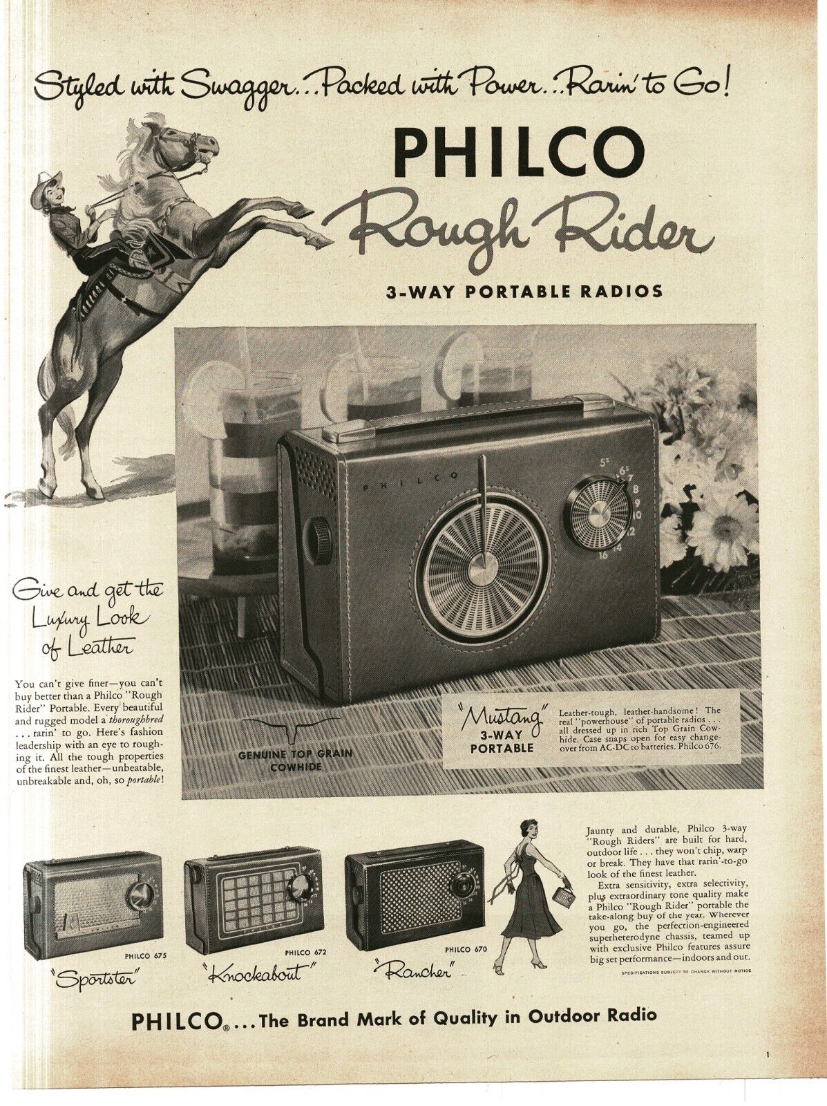 1956 Philco Mustang Portable Radio Rough Rider cowboy on horse Vintage Print Ad