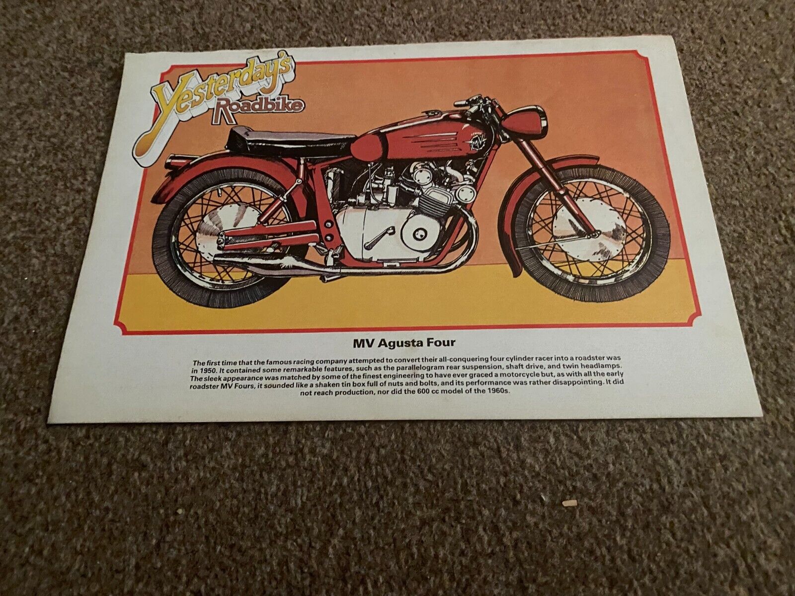 VBK41 YESTERDAY\'S ROADBIKE PICTURE PIN UP 11X8 MV AUGUSTA FOUR MOTORCYCLE