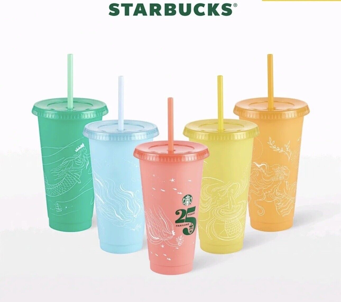 Starbucks Thailand 25th Anniversary 24 oz Color Change Reusable 5 Cups & Straws
