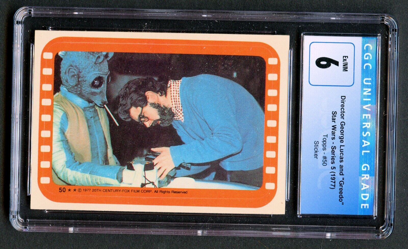 Director George Lucas and Greedo #50 Star Wars Series 5 Sticker Card 1977 CGC 6