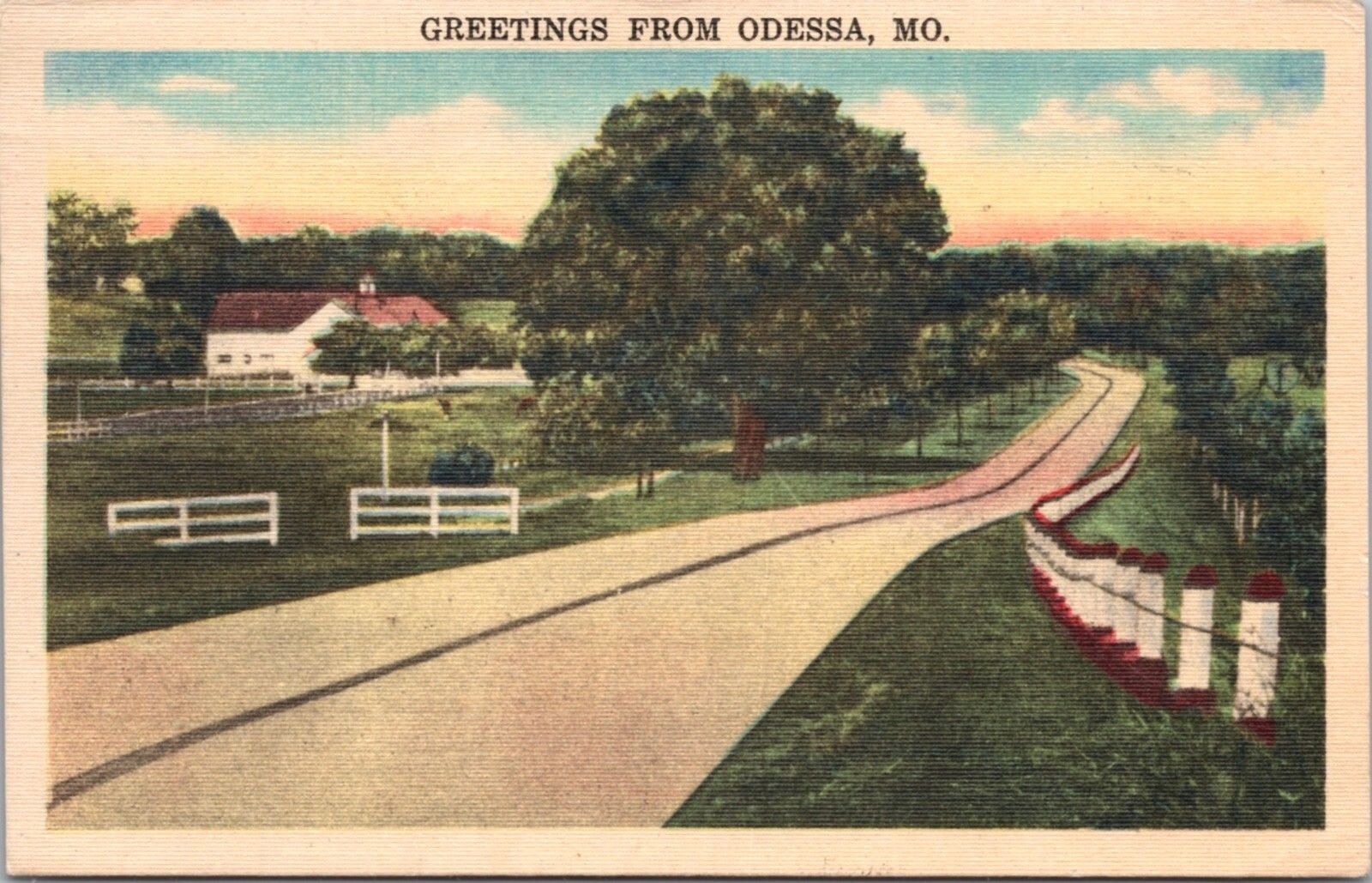 Greetings from Odessa MO Missouri Rural Road c1947 Vintage Linen Postcard D43