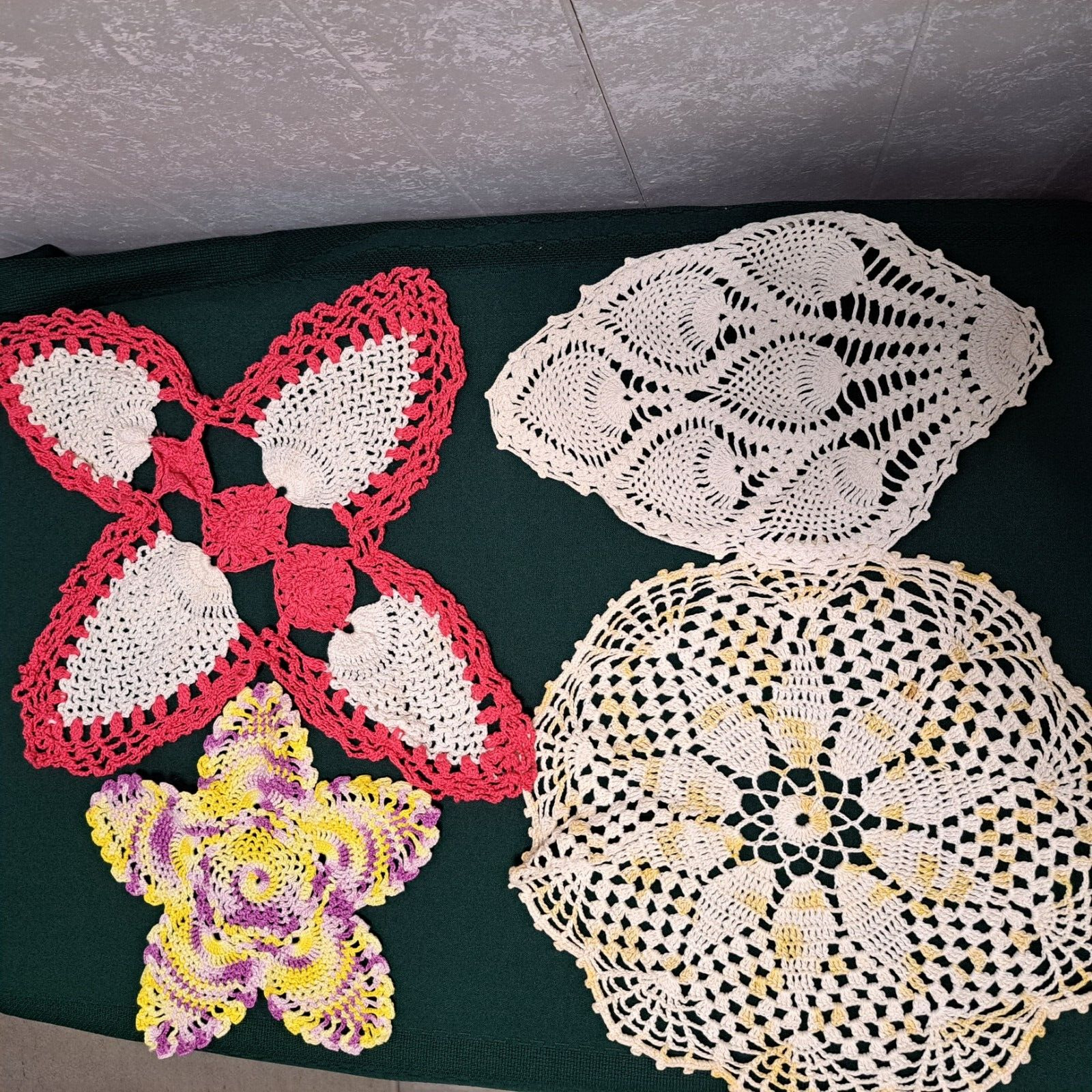 Lot of 4 Vintage Hand Crocheted Doilies Purple Yellow Star, Round, and Pineapple