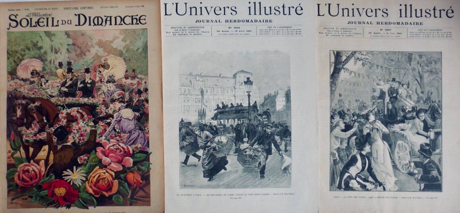 1898 Party Of Flowers Paris Avenue Acacias 3 Newspapers Antique