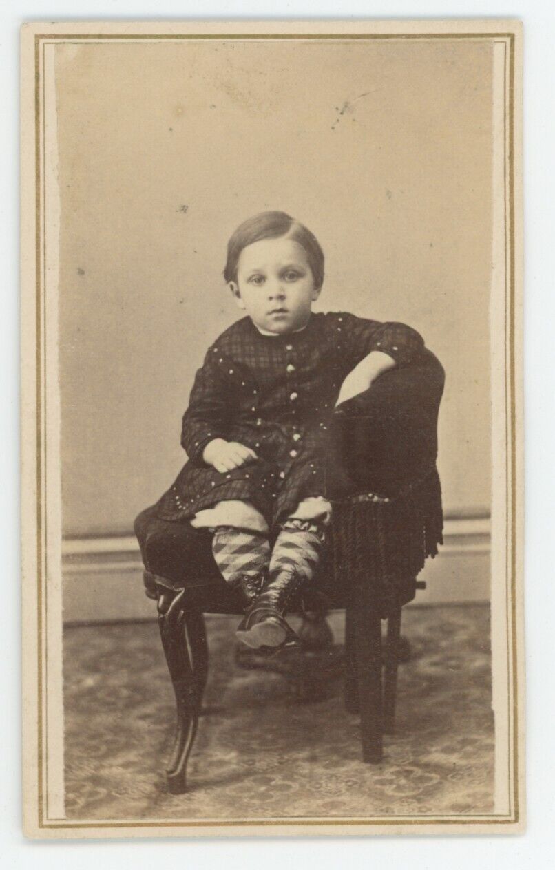 Antique CDV c1860s Adorable Young Child Sitting in Chair Prew Bros. Holyoke, MA