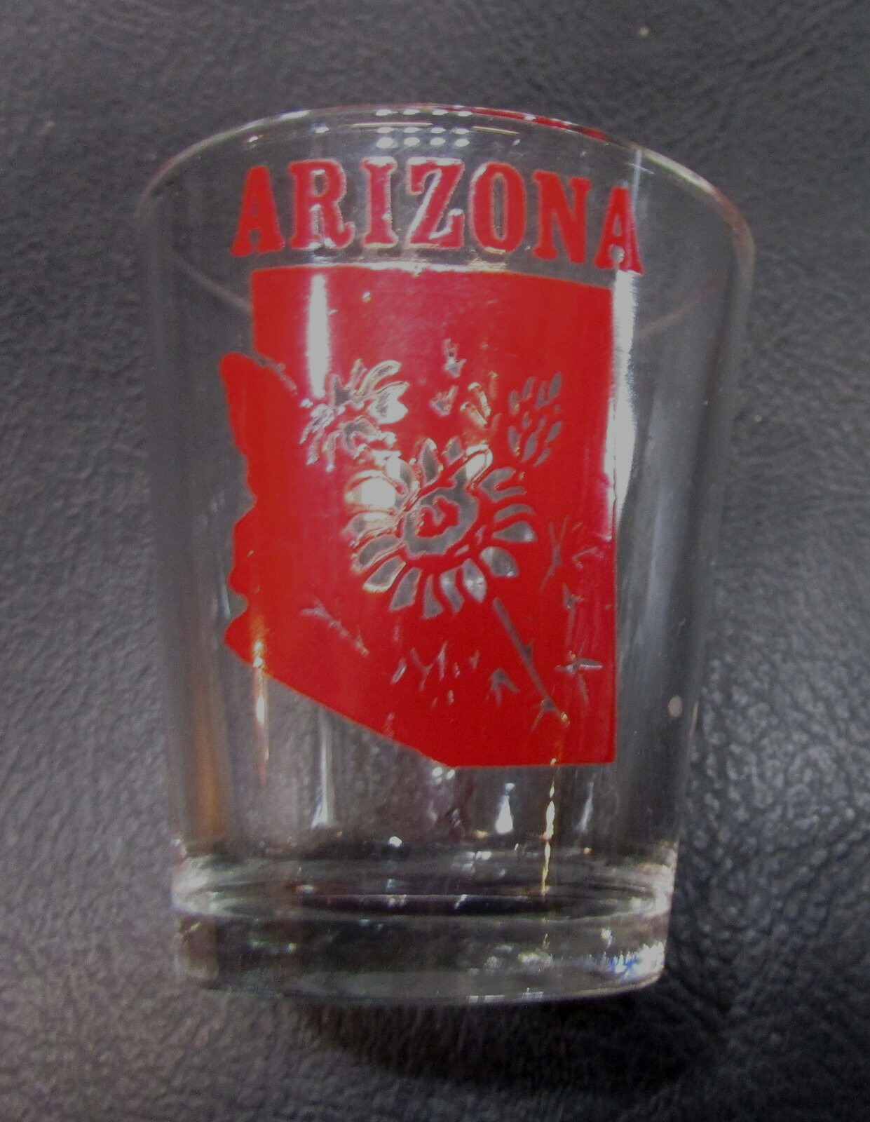 Vintage 1990s Red Clear Arizona State Shape Souvenir Bar Liquor Retro Shot Glass