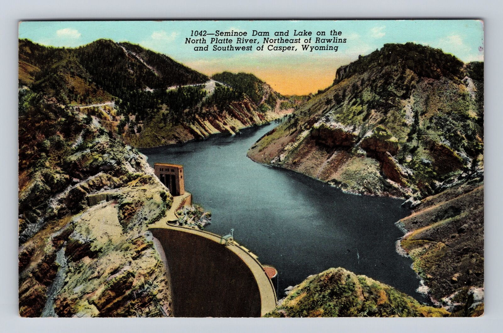 Casper WY-Wyoming, Seminoe Dam, Aerial, Antique, Vintage c1958 Souvenir Postcard