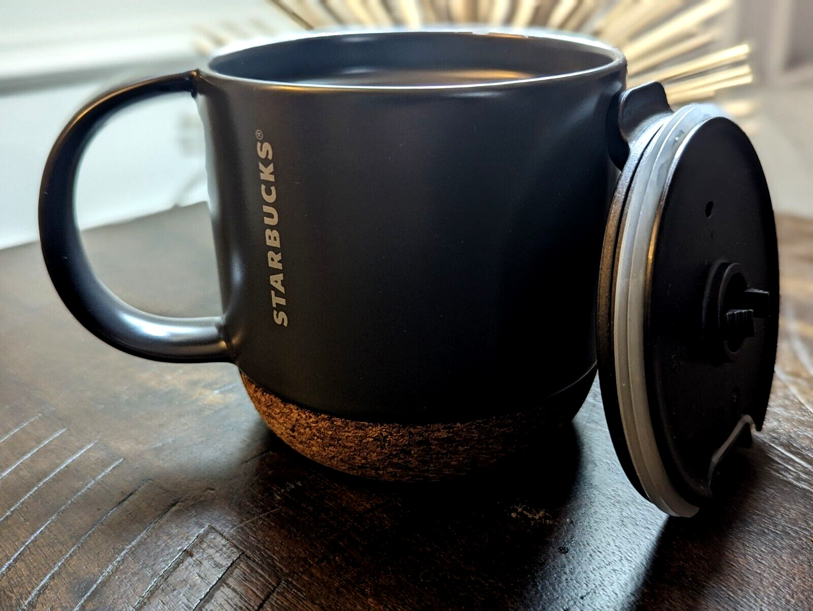 Starbucks 2016 Ceramic Travel Desktop 12oz Mug Charcoal Gray Cork Bottom w/ Lid