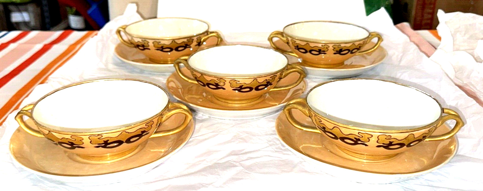 LIMOGES 5 Art Deco 2 Handled CREAM SOUP BOWLS CUPS WITH SAUCERS  c.1900 ANTIQUE