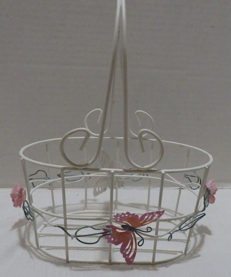 WHITE WIRE BASKET WITH BUTTERFLIES AND FLOWERS NIB