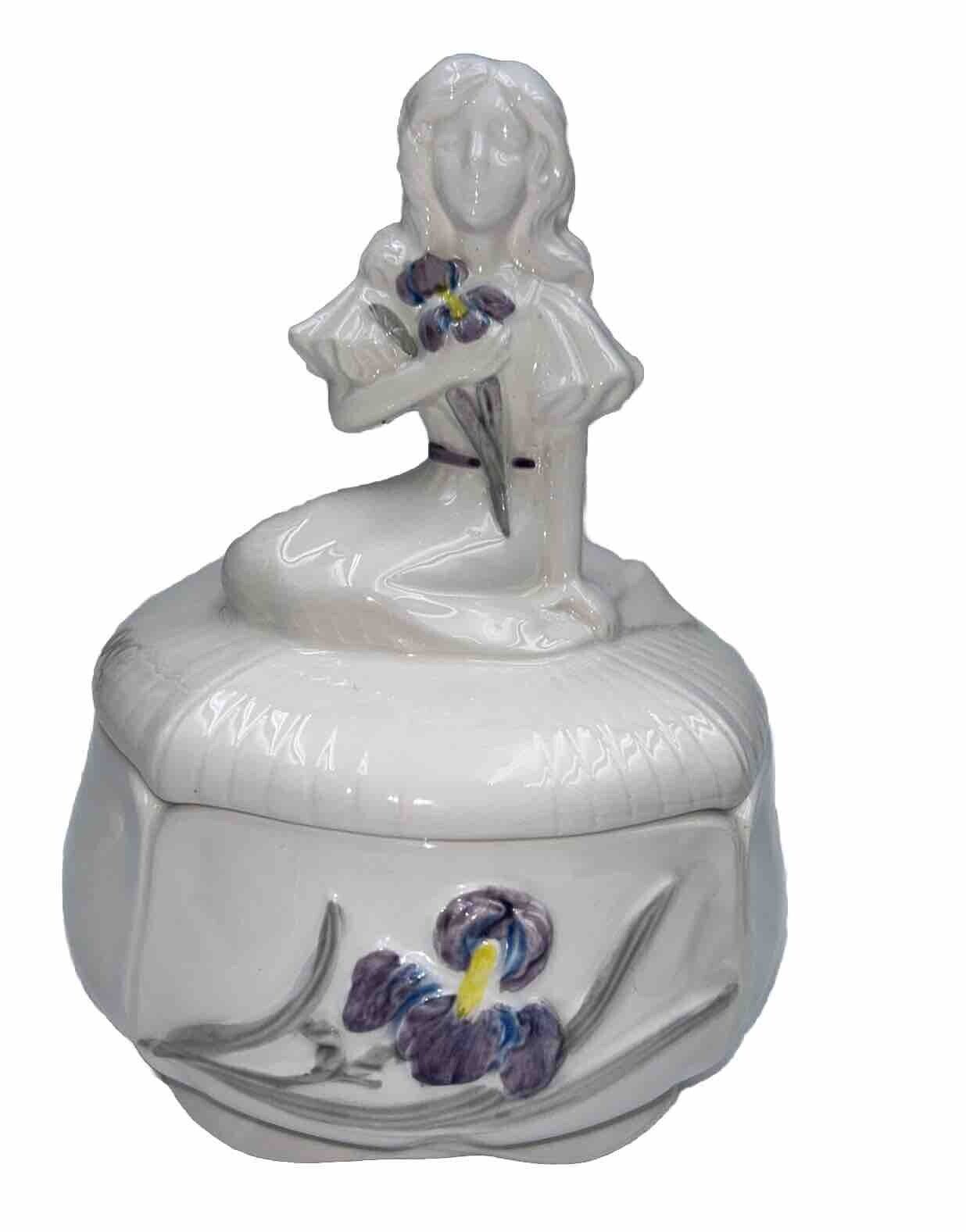 Statue Covered Dish Belle Epoque Sigma,Girl With Iris, Tastesetters Japan 1970s
