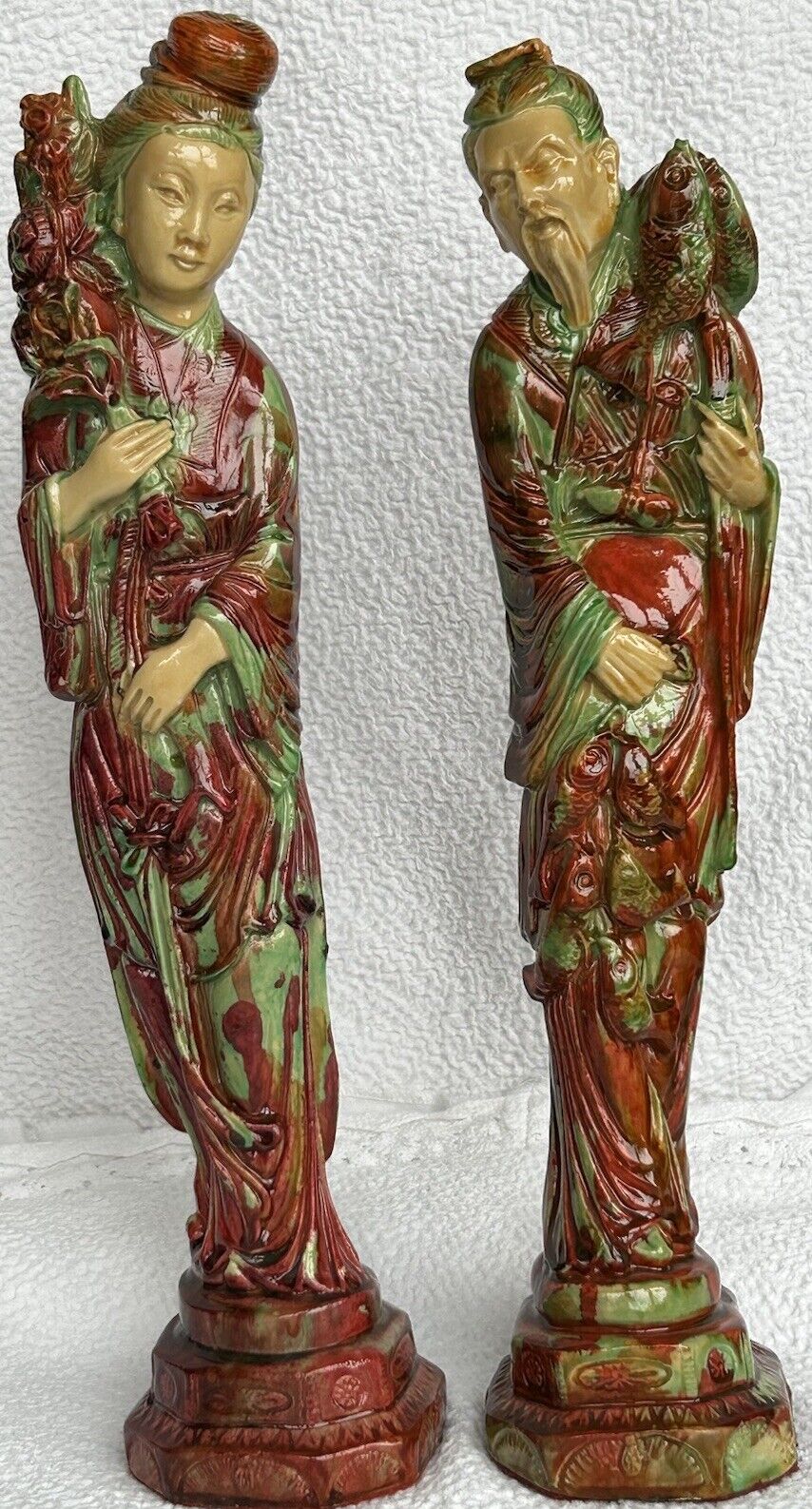 Enesco Japanese Man Holding Fish & Japanese Woman With Flowers Excellent Cond.