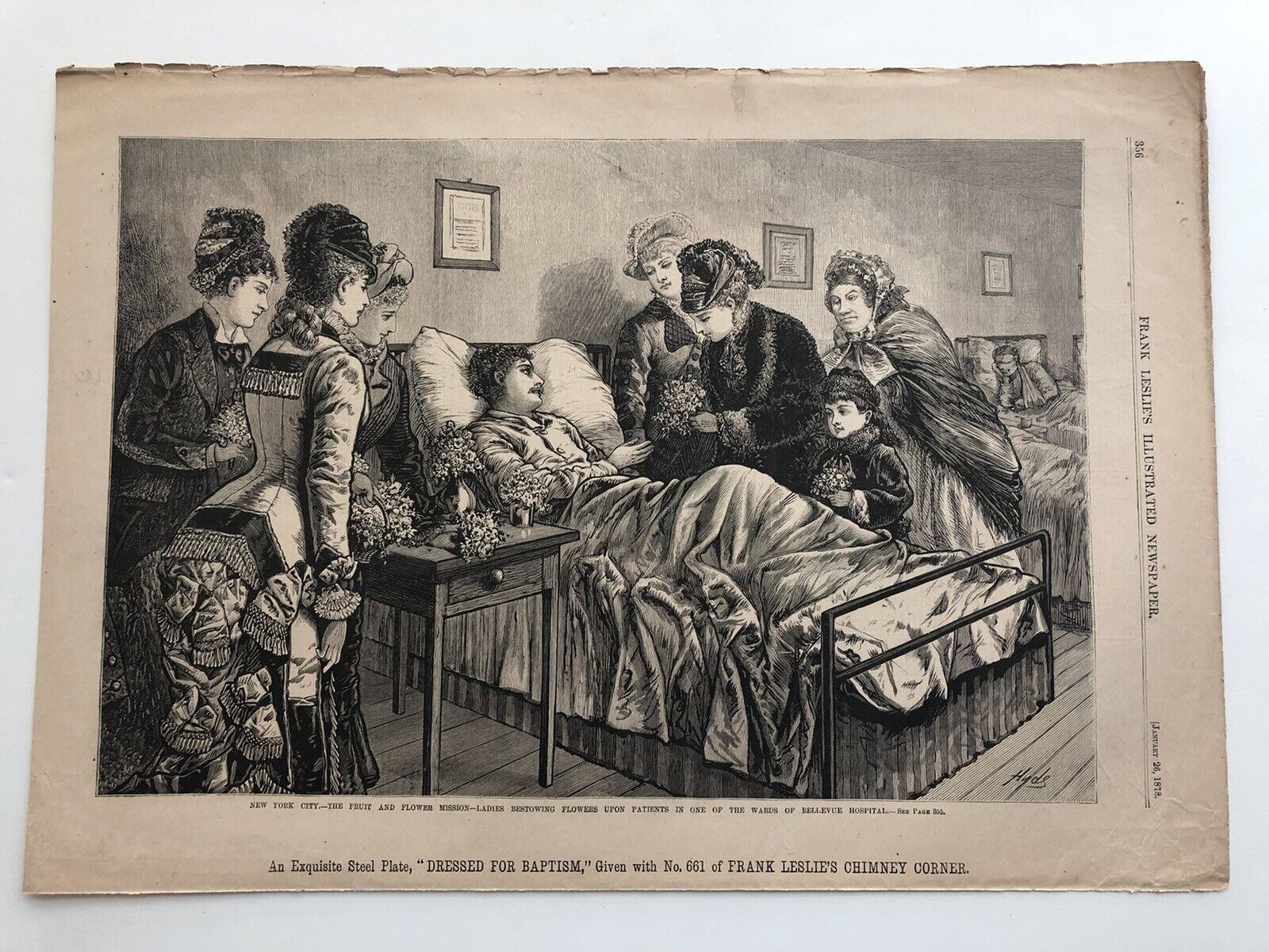 1878 Leslies Antique Print Ladies Bestowing Flowers To Bellevue Patients #102821