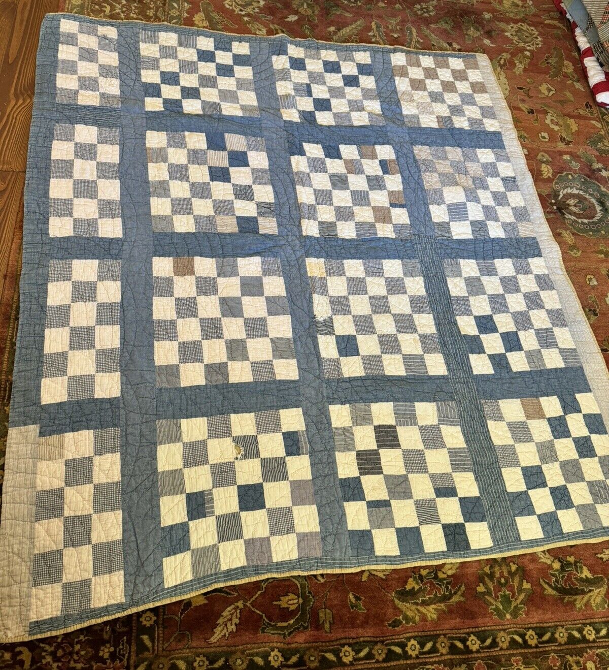Very Old/Primitive Hand stitched 66” X 70” Blue And White Checked Quilt