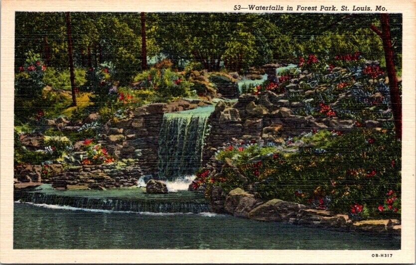 Vintage Postcard Waterfalls Forest Park St. Louis Missouri MO c.1930-1945   Y275