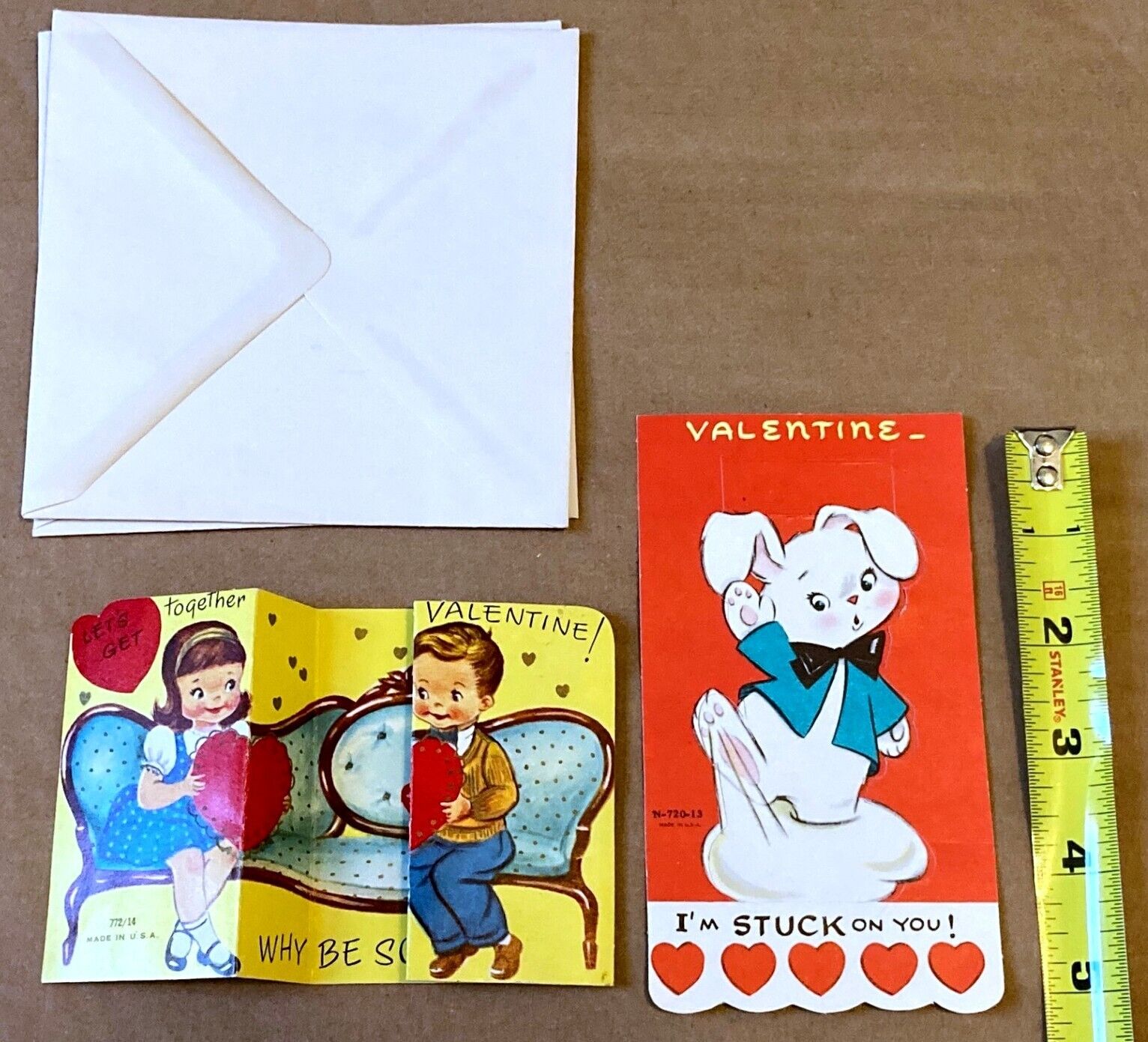 2 Vintage 1960s Classroom Valentine\'s Day Cards Fold Out Punch Out Bunny