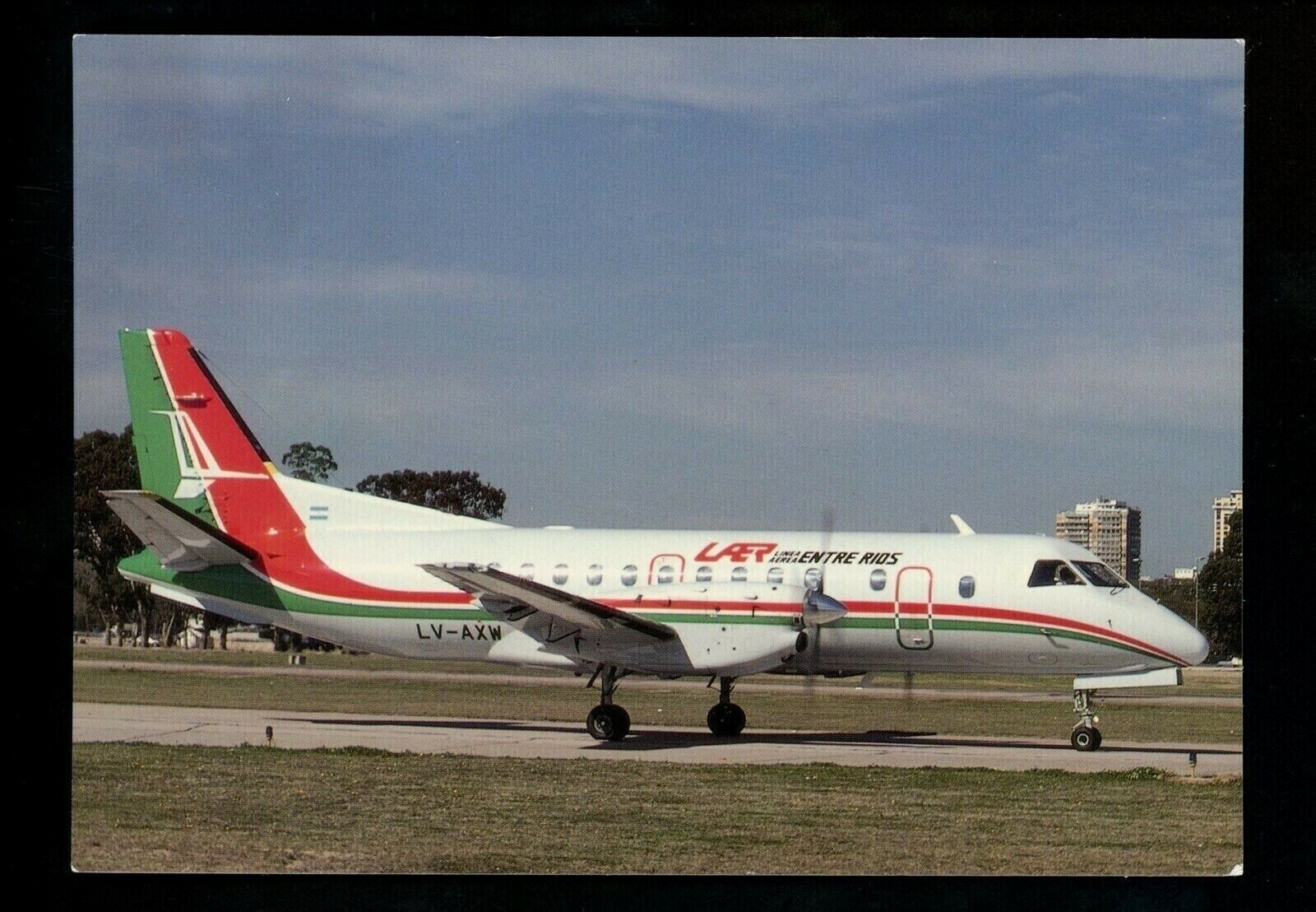 Aviation airplane chrome postcard Laer Airlines Saab SF340A at Buenos Aires 
