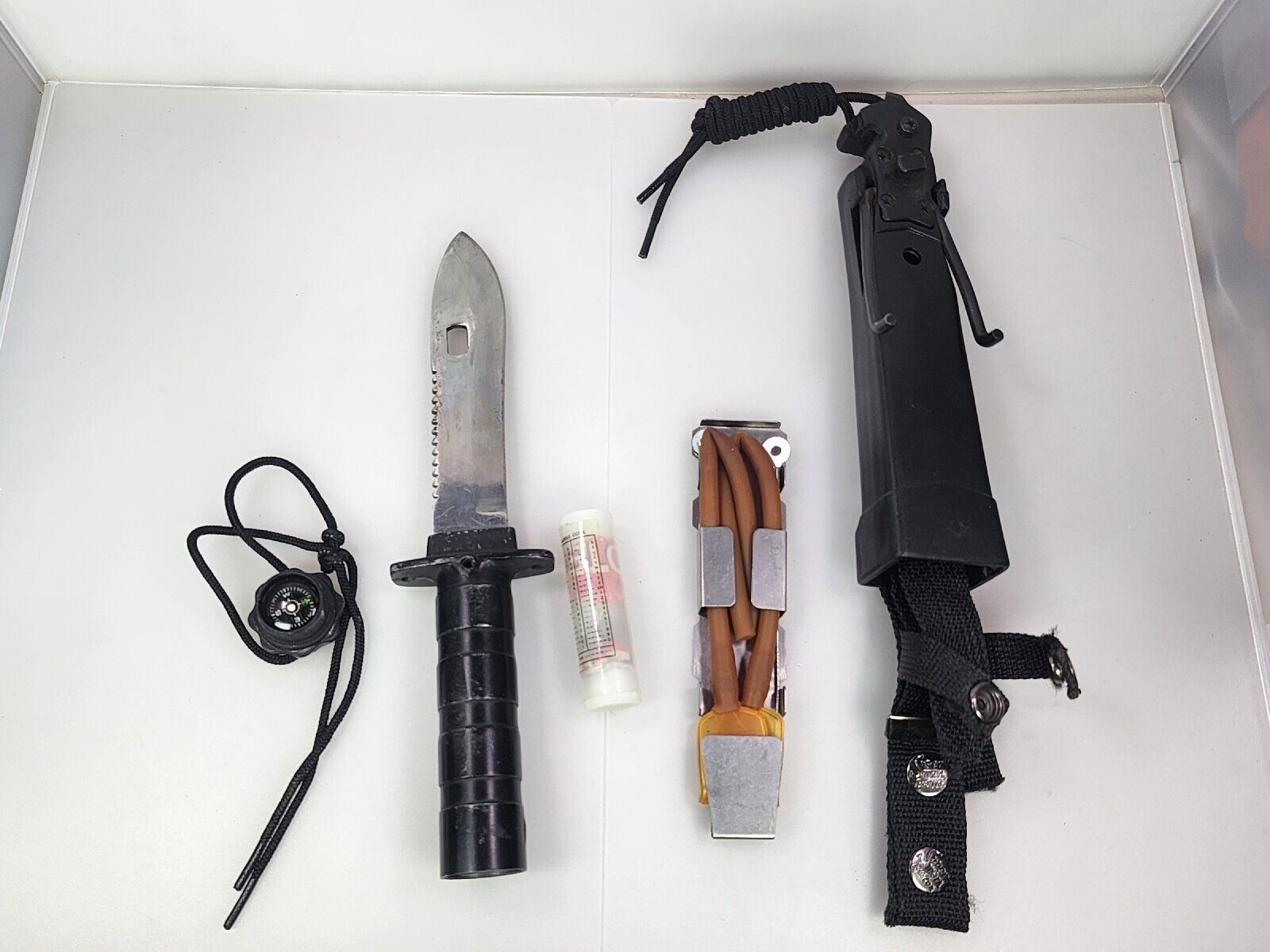 Vintage Survivor Knife With Sheath Sharpener and survival kit WITH BOX