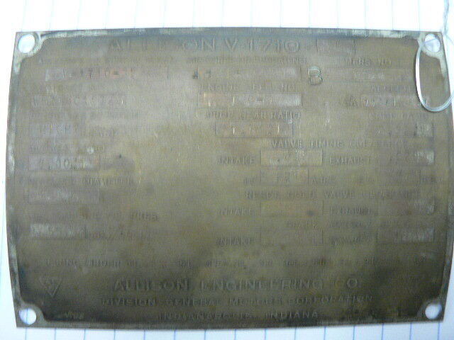 Allison V1710 ENGINE   WWII  ID PLATE   P38  P39  P40  P51  P63  