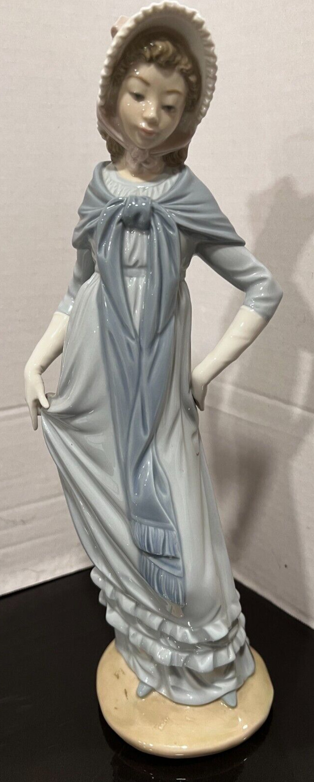 Nao By Lladro Woman with Bonnet Wearing Long Blue Dress EX. COND. 