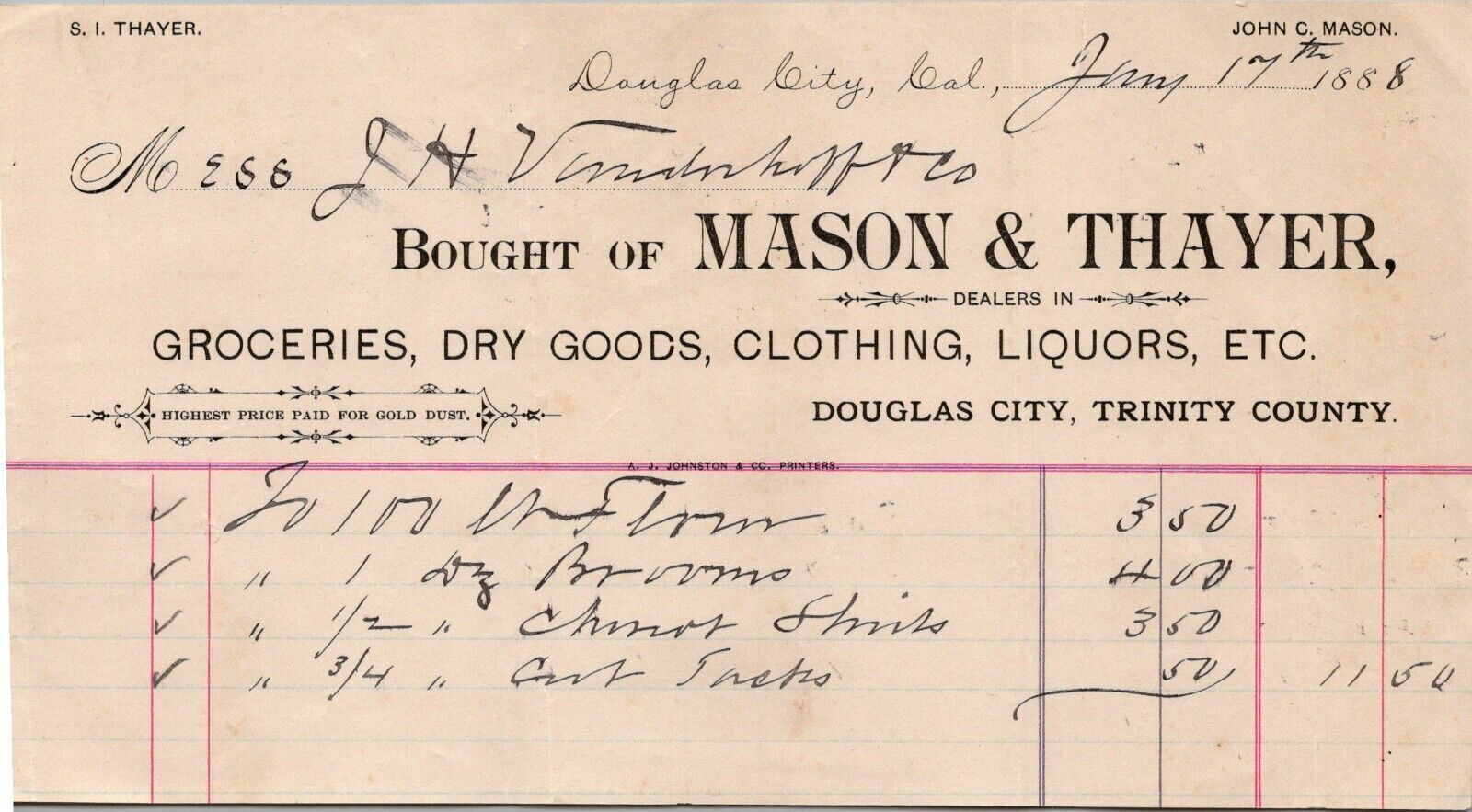 1888 Mason & Thayer Groceries Dry Goods Clothing Liquors Etc DOUGLAS CITY CA 220