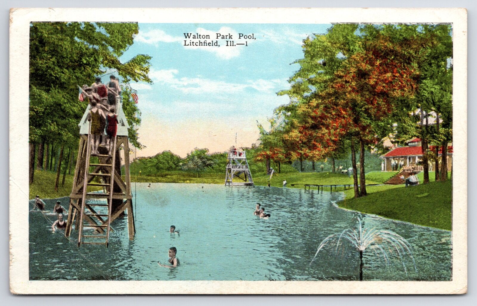 Litchfield Illinois~Walton Park Pool & Diving Towers~Fountain~1920s Postcard