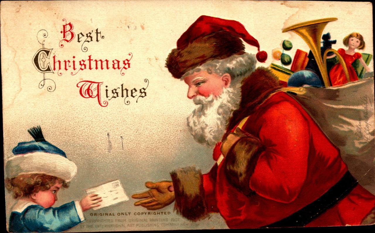Vintage 1910's International Art Christmas Postcard Santa Accepts List - Bk41