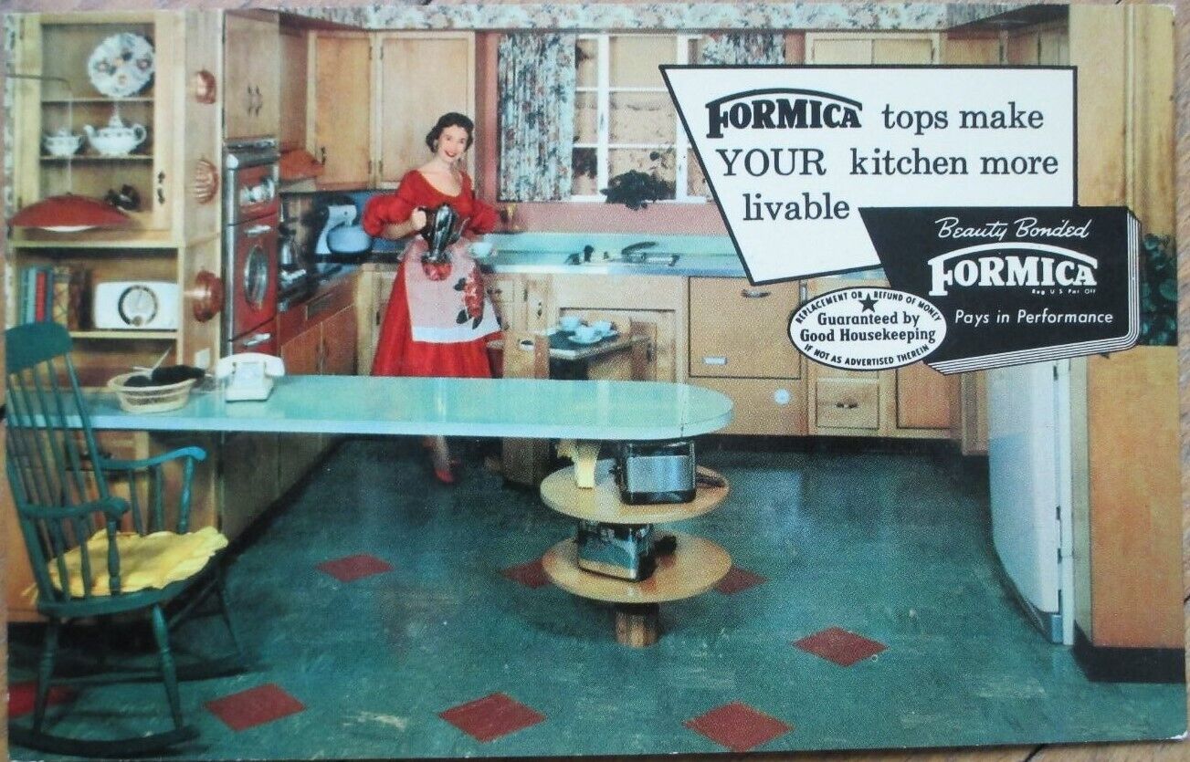 Formica 1950 Chrome Advertising Postcard, Kitchen Interior, Oley, PA, Appliances