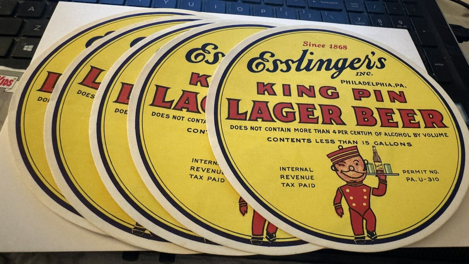 5 Vintage Esslinger\'s King Pin Lager IRTP Beer Labels 15 Gallon Philadelphia, PA