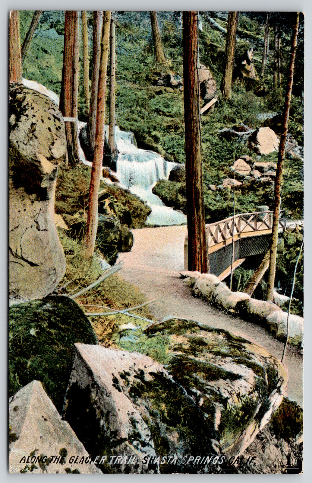 Shasta Springs CA Rustic Rail on Path on the Glacier Trail~Rocks & Falls c1910