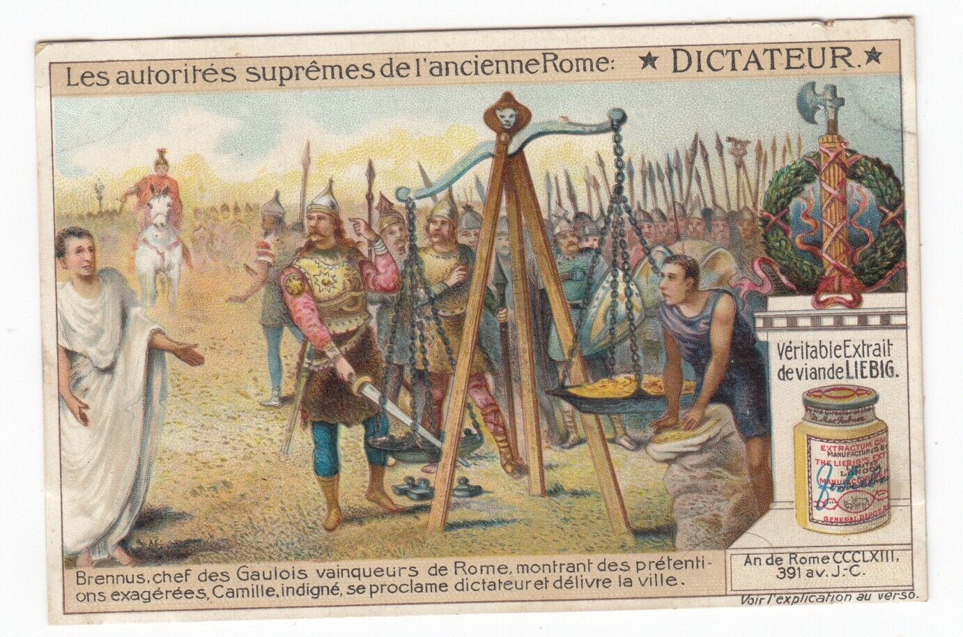Ancient Rome: Vintage 1911 Trade Card of BRENNUS Senones Gaul Defeats Rome