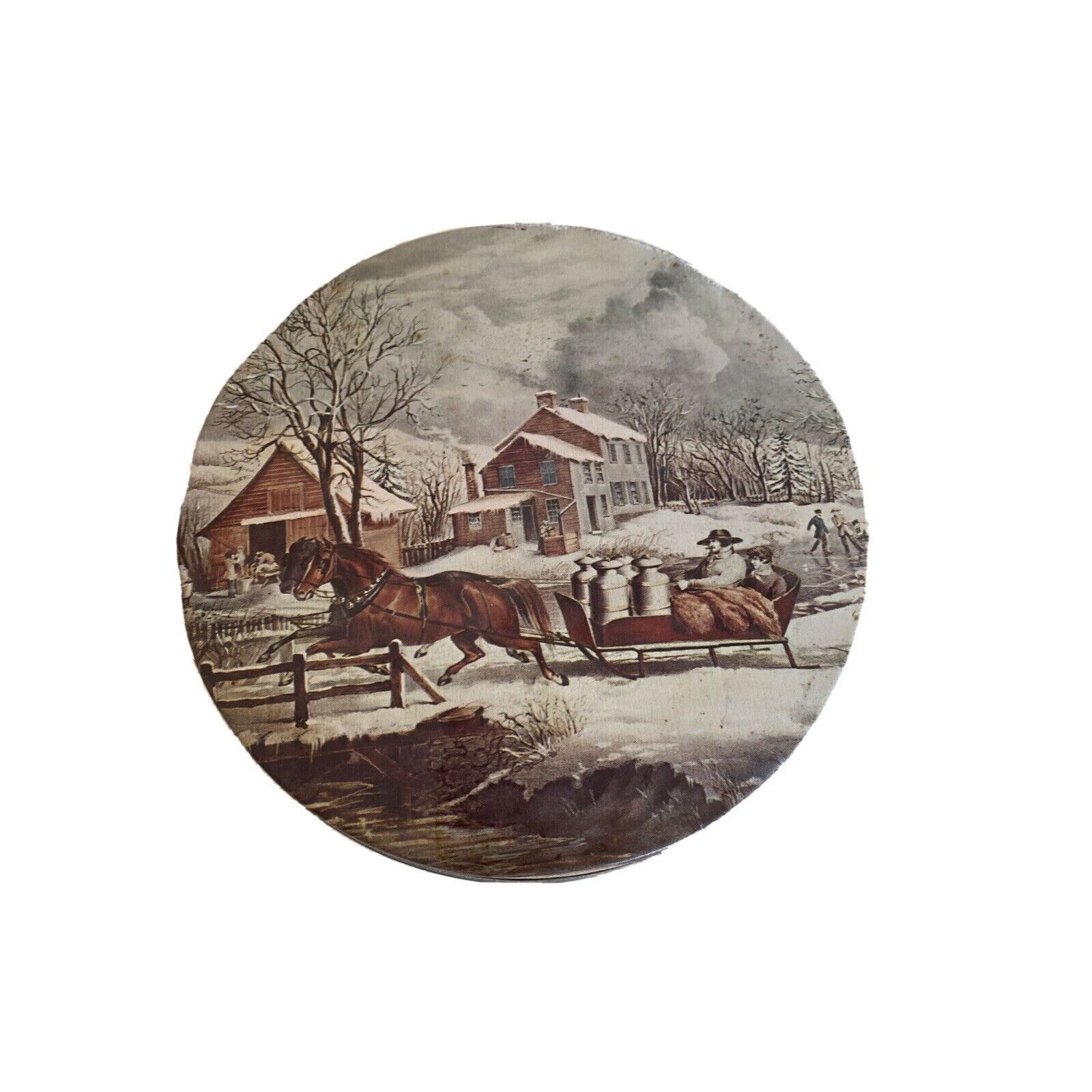 Round Cookie Tin Horse Drawn Sleigh Barn Winter Christmas  Winter Scene Snow