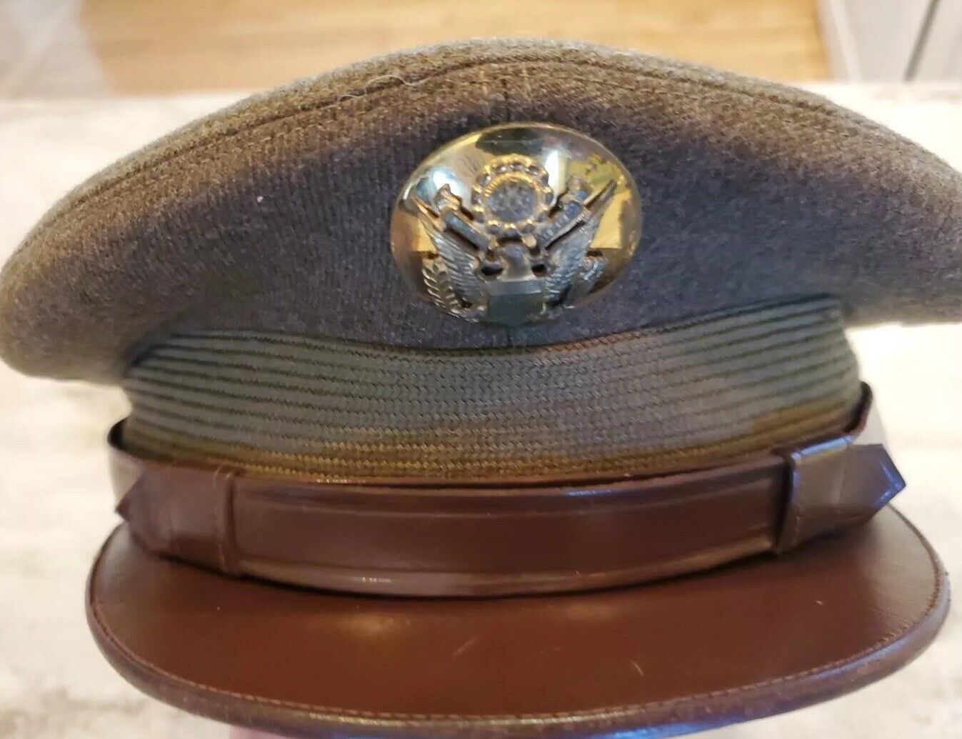 United States Military Hat Cap Green Wool W/ Brown Visor Clean and Nice WW2 WWII
