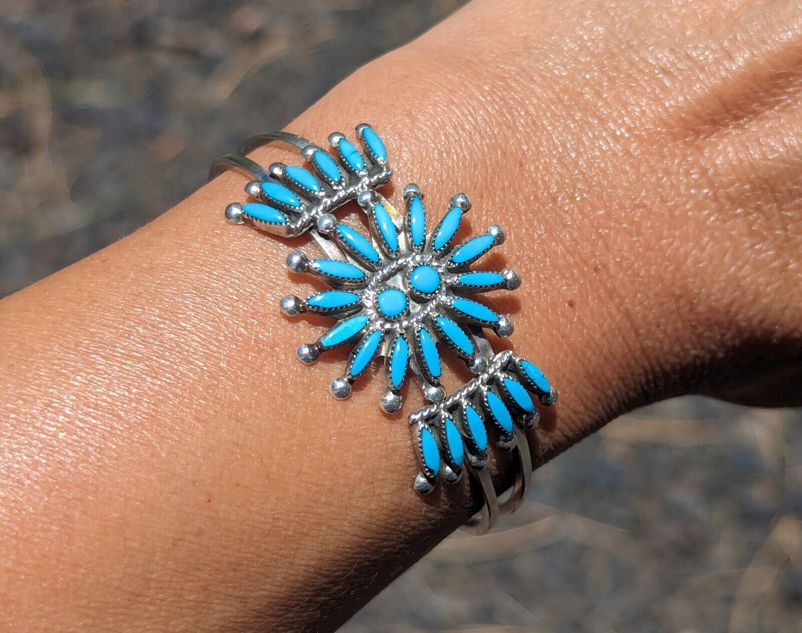 Zuni Cuff Bracelet Native Needlepoint  Sterling Silver Turquoise Jewelry sz 6
