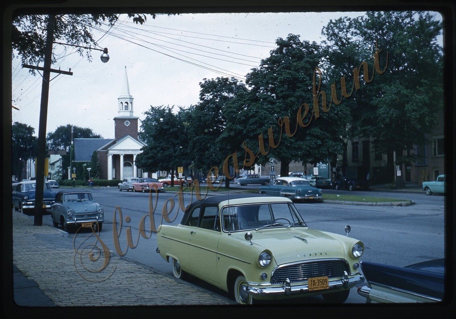 Ford Consul Car Street Scene New York Church 35mm Slide 1950s Kodachrome