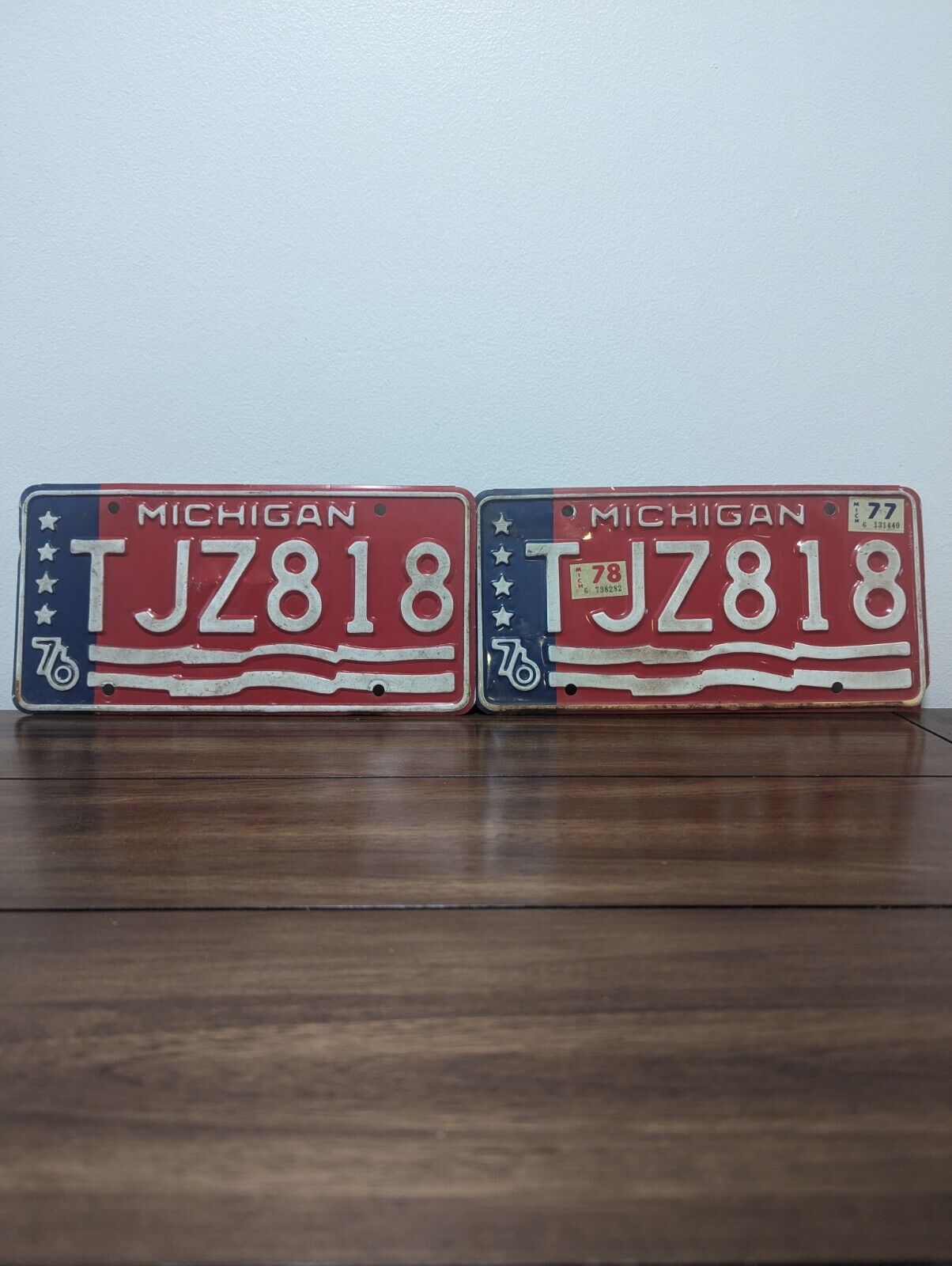 1976 Michigan License Plate Pair Bicentennial # TJR818