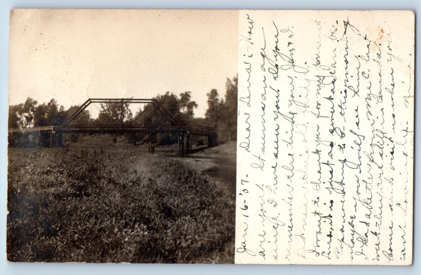 Belmond Iowa IA Postcard RPPC Photo Bridge Scene Field 1907 Posted Antique